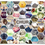 Viele wabenförmige bunte Bilder mit Details aus Chur. In der Mitte der Postkarte der Schriftzug Chur