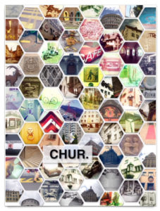 Viele wabenförmige Bilder mit Detailansichten aus Chur. Schriftzug Chur dekoriert die Postkarte.