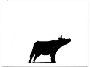 Schwarze Silhouette einer Kuh vor weißem Hintergrund.